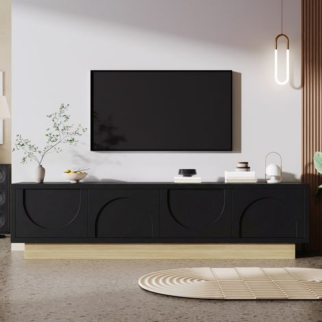 Modernes TV-Lowboard 175 cm – Minimalistisches Design mit geschwungenen Linien – 4 Türen mit Push-to-Open – Schwarz-Finish und Holzsockel – Integrierte Kabelführung