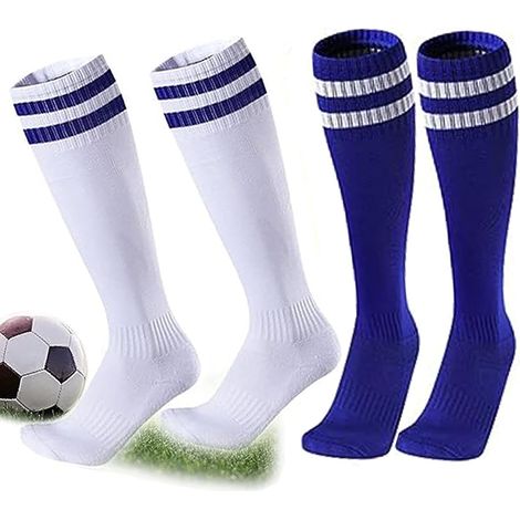 Lot de 2 paires de chaussettes de football enfant, unisexe, antidérapantes, semelle éponge, idéales pour le rugby, la course ou l'entraînement (blanches et bleues). Tailles : 5-12 ans, 18 x 36 cm. (1/5)