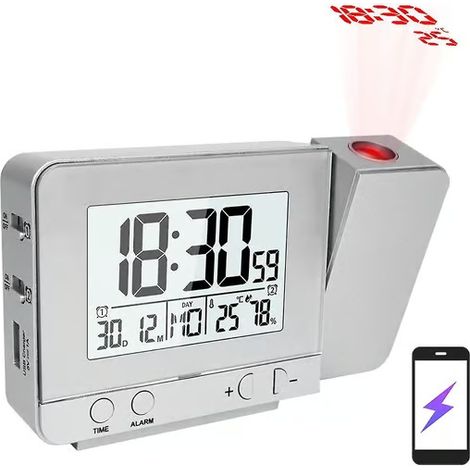 Réveil projecteur pour chambre à coucher avec thermomètre, hygromètre et projection numérique au plafond