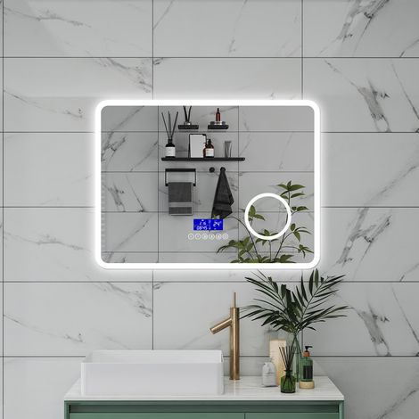 SPECCHIO DA BAGNO BLUETOOTH 80X60CM CON ANTIAPPANNAMENTO + DIMMERABILE + 3 COLORI + INGRANDIMENTO 3X