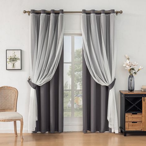 Rideaux occultants double couche avec voilage – couleur unie – lot de 2 panneaux – haute occultation – pour salon et chambre （Gris-140×220cm)
