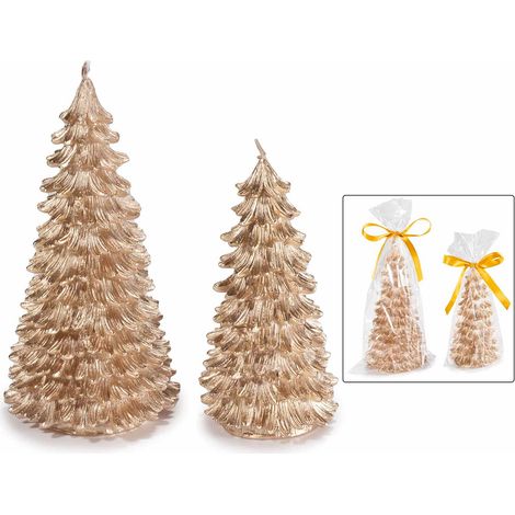 Candele a forma di albero di Natale dorate con glitter in confezione singola, set da 2 pezzi, Grande: Ø 9 cm x 17,5 H