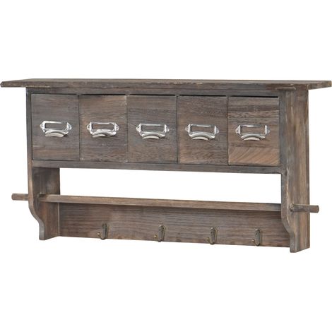 Portemanteau mural, étagère 5 tiroirs, 65x13x32cm, shabby chic, vintage - marron