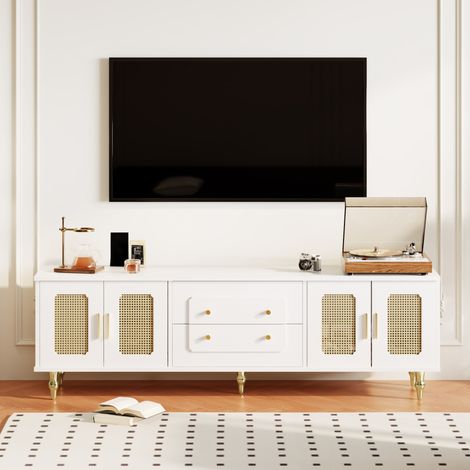 Mobile TV 175x38x55.5 cm bianco in pannelli di particelle con ante effetto rattan, cassetti push-to-open e gambe in metallo (1/5)