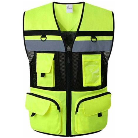 Gilet de sécurité réfléchissant haute visibilité Poche zippée Gilets de sécurité Doublure en maille Respirant, doux pour la peau et résistant à l'usure Taille S Jaune fluo