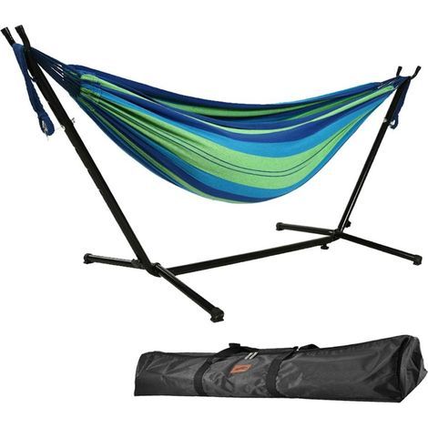 Goutime Hamac Double de 2,6 m avec Support, capacité de 250 kg, Comprend Un Sac de Transport Portable Parfait pour la terrasse intérieure, la terrasse, la Cour, Le Balcon (Bleu et Vert) (1/5)