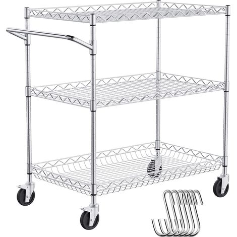 Chariot de Rangement Utilitaire de Cuisine 3 Niveaux, Desserte en Fil Métallique avec Capacité 300 kg, Chariot de Service avec Panier de 80 mm de Profondeur 6 Crochets Domicile 76,2x45,7x82,3 cm (1/5)