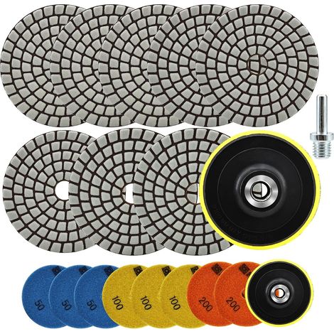 Lot de 10 tampons de polissage diamant pour usage à sec - Ensemble de 8 tampons de polissage pour marbre - Patins abrasifs - Grain 503/1003/2002 + Disque de support fileté M14 + Adaptateur (1/5)