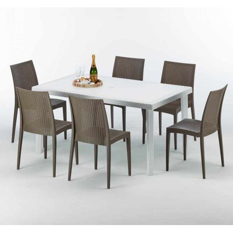 Tavolo Rettangolare Bianco 150x90 cm con 6 Sedie Colorate Bistrot Summerlife - Marrone
