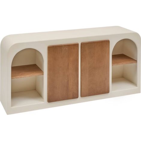 Buffet de 2 portes et 8 étagères en bois de manguier coloris beige/bois - Longueur 165 x Profondeur 43,5 x Hauteur 80 cm