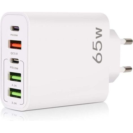 USB-C-Ladegerät, 65 W, 5-Port-USB-C-Ladegerät mit Smart QC 3.0 Schnellladefunktion, USB-Netzteil für iPhone 15, 14, 13, 12, 11 Pro Max, SE 2020, XS, XR, 8, 7, Samsung-Crezuo