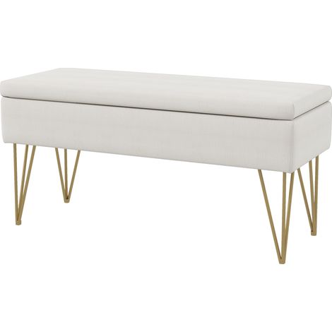 Banc banquette coffre rangement 2 en 1 tissu crème pieds acier doré 100 x 40 x 49 cm