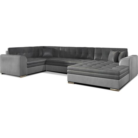 Canapé panoramique convertible CALDERO 5 places gris clair et foncé – angle droit – 4 coussins (1/5)