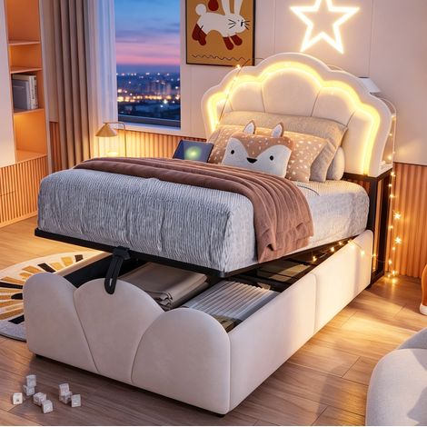 Bettgestell 90x200 cm Beige aus Samt mit hydraulischem Stauraum, LED und Steckdosen (1/5)