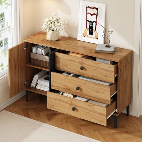 Buffet bas de salon 120x35x76 cm, Meuble de rangement d'entrée gain de place pour cuisine et couloir, avec 1 porte et 3 tiroirs, Noir et Naturel (1/5)