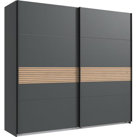Armoire à portes coulissantes coloris graphite, rechampis aspect clayettes imitation chêne Artisan - Longueur 225 x Hauteur 208 x Profondeur 65 cm (1/3)