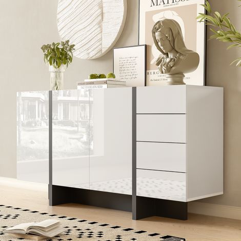 Buffet 150x40x80.5cm - Buffet blanc brillant avec 2 portes et 4 tiroirs - facile à nettoyer - Blanc + Noir (1/5)