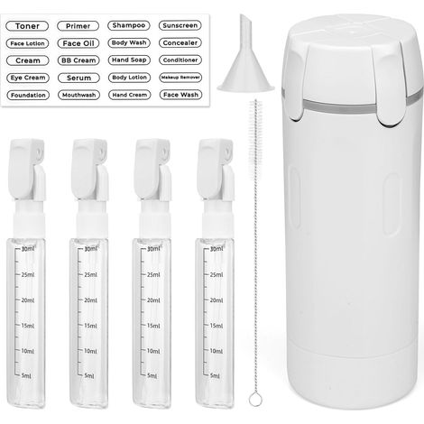 4 en 1 Flacons Distributeurs Voyage pour Produits Toilette, Flacons Pompes Voyage Refermables Anti-Fuite Gain Place Compact pour Cosmétiques Shampoing & Lotion Vacances (Blanc) (1/5)