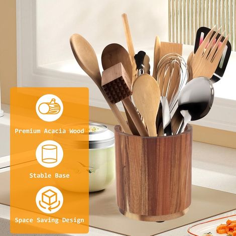 Porte-ustensiles de cuisine - Bois d'acacia avec rotation à 360° - Convient pour 15 à 20 ustensiles - Base antidérapante - Organiseur rond (1/5)