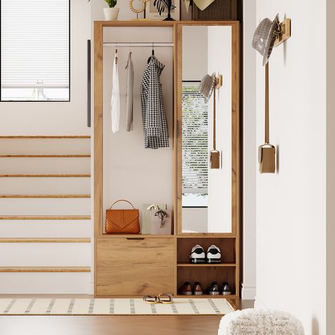 6-in-1 Eingangsschrank mit Spiegel und offener Kleiderstange, Garderobenschrank Holzfarbe, Flurschrank 100 cm breit (1/5)