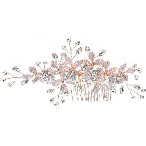 Fermagli per capelli da sposa decorati con fiori, fermagli per capelli con perle, ornamento per capelli con strass, accessori per capelli da sposa per donne e ragazze (oro rosa) (1/5)