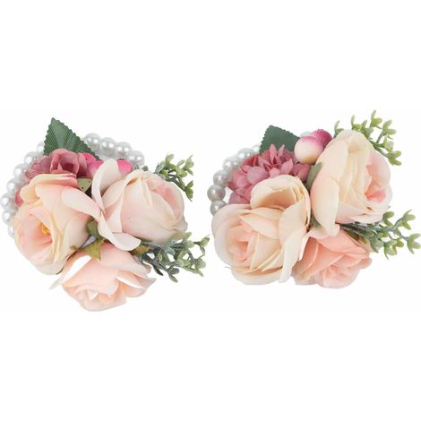 Lot de 2 fleurs artificielles roses pour poignet de demoiselle d'honneur, idéales pour un mariage, un anniversaire ou une soirée cocktail. (1/5)