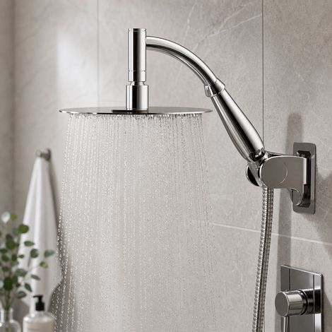 Pomme de douche ronde 20cm en acier inoxydable 304 avec bras support et flexible 1,5m, effet pluie anticalcaire (1/5)
