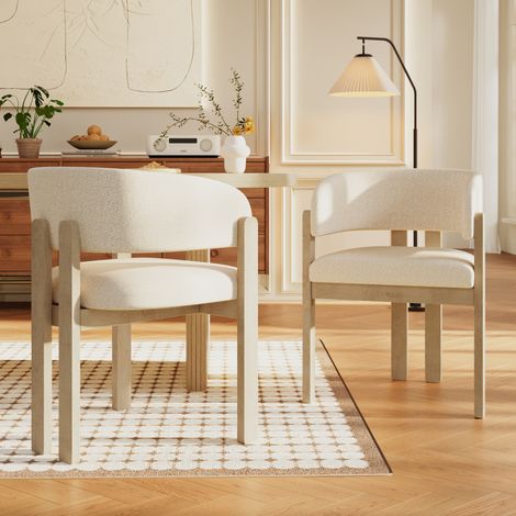 Lote de 2 sillas de comedor con brazos en madera y tela bouclé natural (1/5)