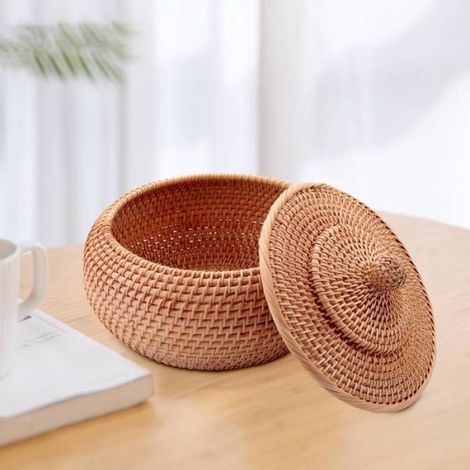 Boîte rotin ronde - panier fruits osier couvercle, panier pain rangement, saule tissé - boîte Étiquette (1/4)