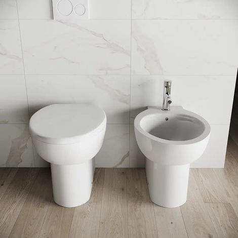 Coppia di Sanitari Filomuro in Ceramica Bianco Lucido: Vaso Bidet e Copriwc Soft-close Mod. Doha