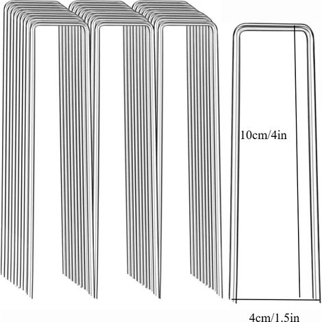 (4 x 10 cm, 10 pièces) Clous de jardin en forme de U, robustes, pour piquets de clôture, clous galvanisés pour la fixation de tuyaux d'eau, de barrières de gazon et autres éléments de jardin. (1/4)