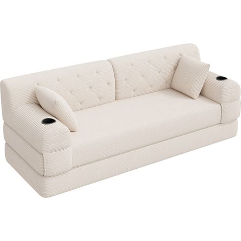 Divano letto 3 posti in velluto a coste beige con schienale alto e struttura in metallo (1/5)