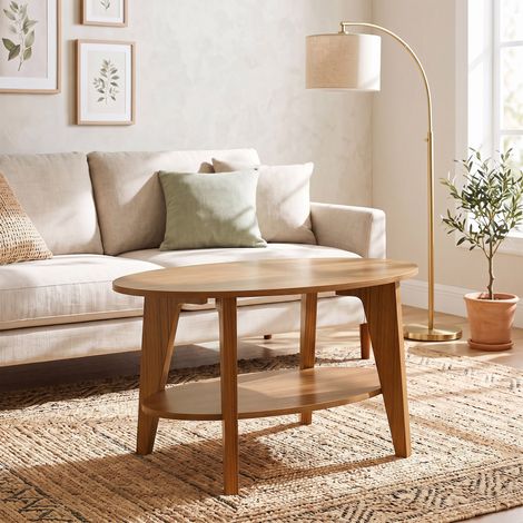 Table Basse Ovale à 2 Niveaux, Table de Salon Moderne avec Étagère Inférieure Ouverte, 80 x 50 x 45 cm, Chêne (1/5)