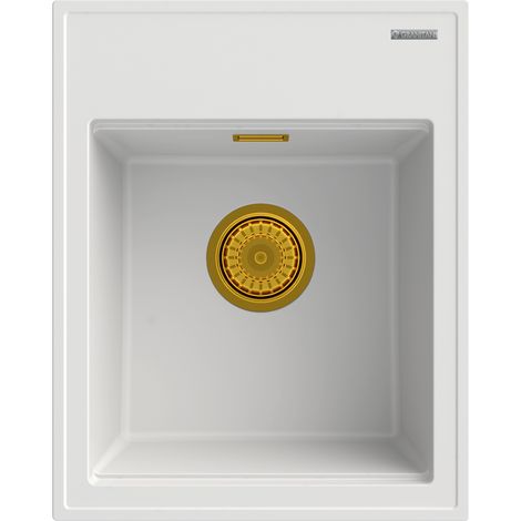 Évier de Cuisine en Granit 1 Bac Granitan Alor Blanc avec Siphon Rectangulaire Doré 50x40 cm (1/5)