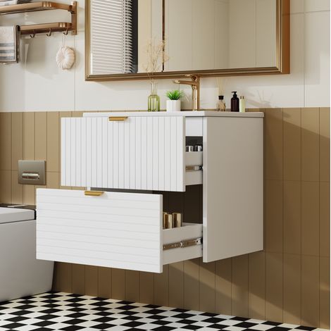 Mobile bagno sospeso con lavabo in ceramica integrato, 2 cassetti silenziosi soft close, MDF laccato bianco, 61 x 46 x 57 cm, per bagno moderno  FLORAGRACE (1/5)