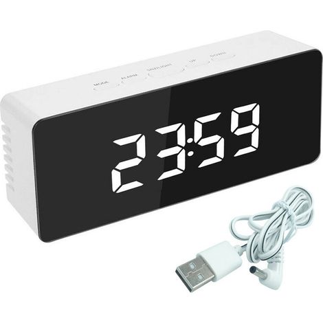 Réveil Miroir,Réveil Numérique LED Miroir Horloge Digitale Luminosité Réglable Réveil Snooze avec Affichage à LED de Date Température Commande Vocale pour Bureau de Chambre (Blanc)， (1/5)