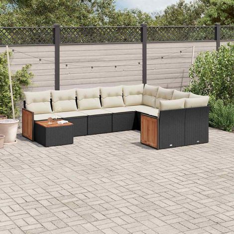 Ensemble Jardin 10 Places Noir Résine Tressée avec Table Acacia et Coussins Crème - Salon Extérieur Modulaire avec Rangement (1/3)