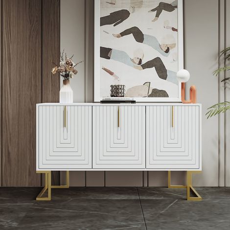 Buffet blanc 3 portes avec étagères réglables et poignées métalliques pour cuisine et salle à manger (1/5)