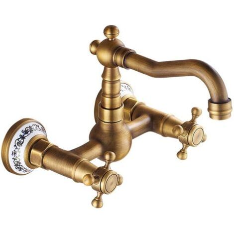 Küchenarmatur zur Wandmontage, antik, wandmontierte Küchenmischbatterie, Retro-Küchenarmatur zur Wandmontage, antike Bronze, 360°-Drehung, Doppelsteuerung, Pflaumen-Kreuzgriff, Küchenarmatur (antik)