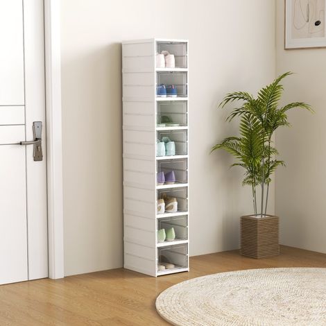 Estantería zapatera de plástico blanco, 8 compartimentos plegables con puertas transparentes, 26 x 35 x 140 cm