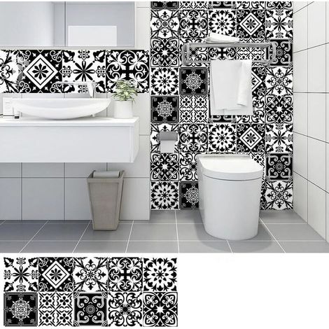 10pcs Fleurs Noires Autocollants Carrelage Cuisine Et Salle De Bain, Adhesif Pour Carrelage Mural, Imitation Faience,Décoration Murale Pvc Imperméable15X15Cm