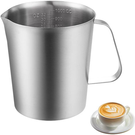 1 Pichet à lait, Acier inoxydable, 1000 ml, Verre doseur gradué, Poignée ergonomique, Pour café et latte