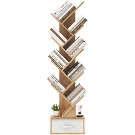 Étagère arbre 10 niveaux avec tiroir, bibliothèque au sol pour chambre, salon et bureau (naturel) (1/5)