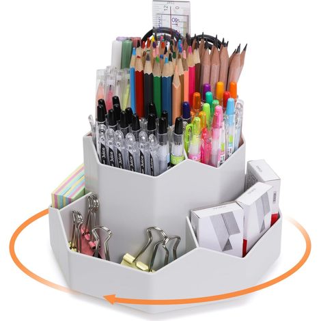 Rotatif Pot a Crayon, Organiseur Bureau Rotatif, Rotation à 360 DegréS Organisateur De Bureau Rangement Stylo, Porte-stylos de Bureau avec 9 Compartiments, Gris (1/5)