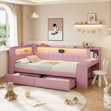 Cama diván 90x200 cm de MDF y lino rosa con escritorio, FloraGrace (1/5)