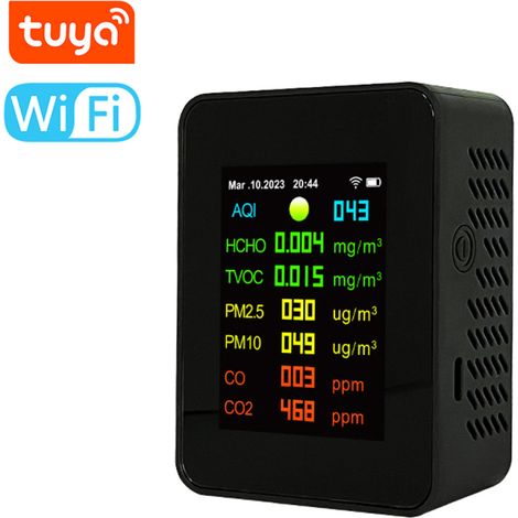 Testeur de qualité de l'air portable 7 en 1 PM2.5 PM10 CO2 TVOC HCHO AQI, écran couleur TFT, affichage heure et date (1/5)