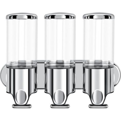 Dispenser di gel igienizzante mani a tre canali, da parete, senza necessità di foratura, include tre dispenser da 500 ml per shampoo, bagnoschiuma e balsamo, adatto a bagni e hotel, pompa metallica a (1/4)