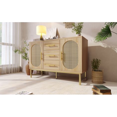 Buffet en rotin, commode avec 3 tiroirs et 2 portes en rotin, meuble de rangement, coiffeuse, pour chambre et salon, étagères réglables, anti-basculement, 120 x 40 x 74 cm, chêne Sonoma