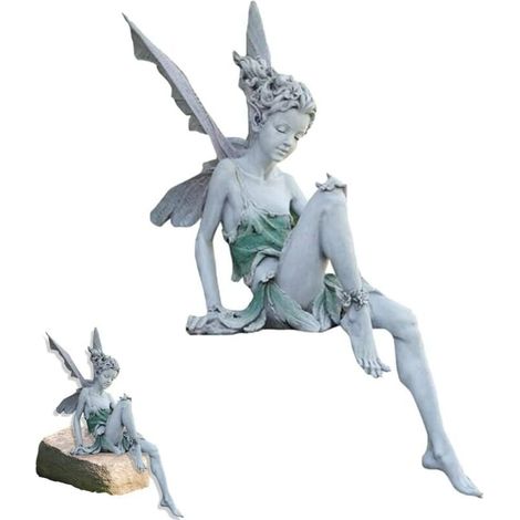 Statua da giardino di una fata seduta, statuette da giardino di elfi seduti, statua di fata seduta di Tudor e Turek, statua decorativa per giardino, in resina, per decorazioni paesaggistiche da estern (1/4)