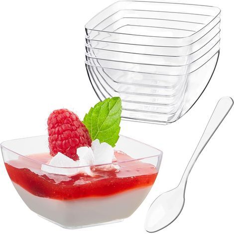 100 petits bols de dégustation de 5 x 3 cm, parfaits et à apéritifs, avec cuillères réutilisables, soucoupes de dégustation de 60 ml, mini-verrines à dessert en plastique, bols à apéritif pour dessert (1/5)